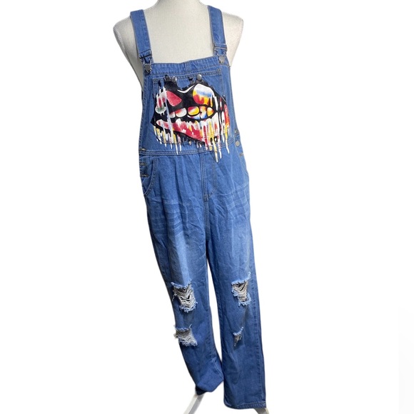 Lip Distressed Pocket Denim Overalls Mislook Boho Hippie Style Size - Picture 3 of 3